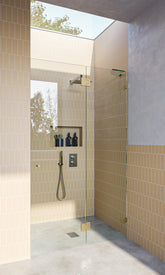 Brushed Brass / Satin Gold Frameless Wall to Wall Shower Screen with brackets, Door and Hinge Panel - Image 1