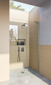 Chrome Frameless Wall to Wall Shower Screen with extended Dry Glaze U Channels, Door and Hinge Panel - Image 1