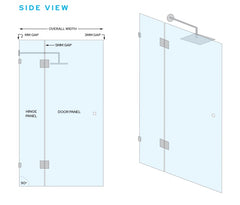 Frameless Glass Wall to Wall Shower Screen Door and Hinge Panel - 2000mm high, 10mm Toughened Glass - Polished Brass