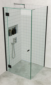 Matt Black Frameless Corner Shower Screen with extended Dry Glaze U Channels