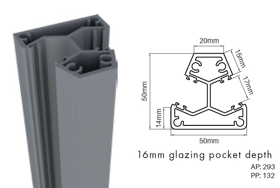 135 Degrees corner post semi frameless pool fence post, Aluminium, 5800mm long, - Image 1