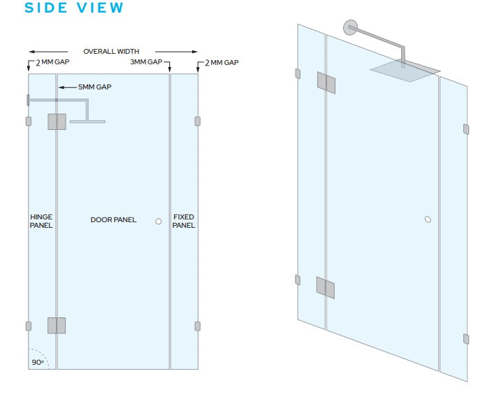 Frameless Glass 3 Panel Inline Wall to Wall Shower Screen - 2000mm high, 10mm Toughened Glass - Polished Brass