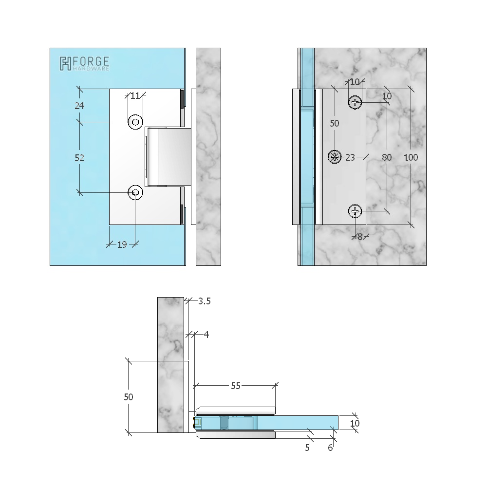 FORGE SHOWER HINGE - HEAVY DUTY - GLASS TO WALL - L-SHAPE - 90 Degrees - BRUSHED GUNMETAL