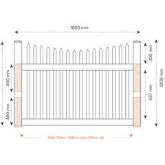 MELVILLE PVC 1800mm W x 1200mm H GATE, 7 Year Warranty, Picket Gate