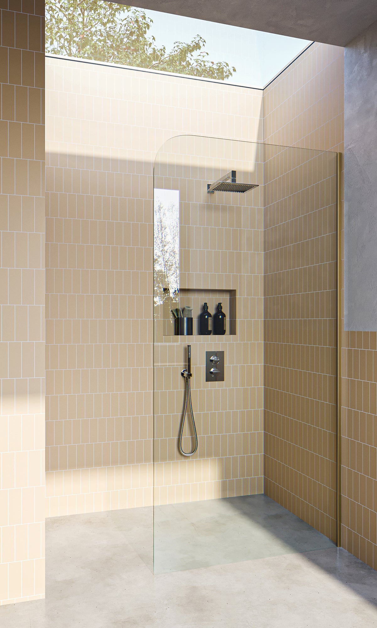 Brushed Brass / Satin Gold Fixed Frameless Shower Screen Radius Corner Fixed Panel with Dry Glaze U Channels