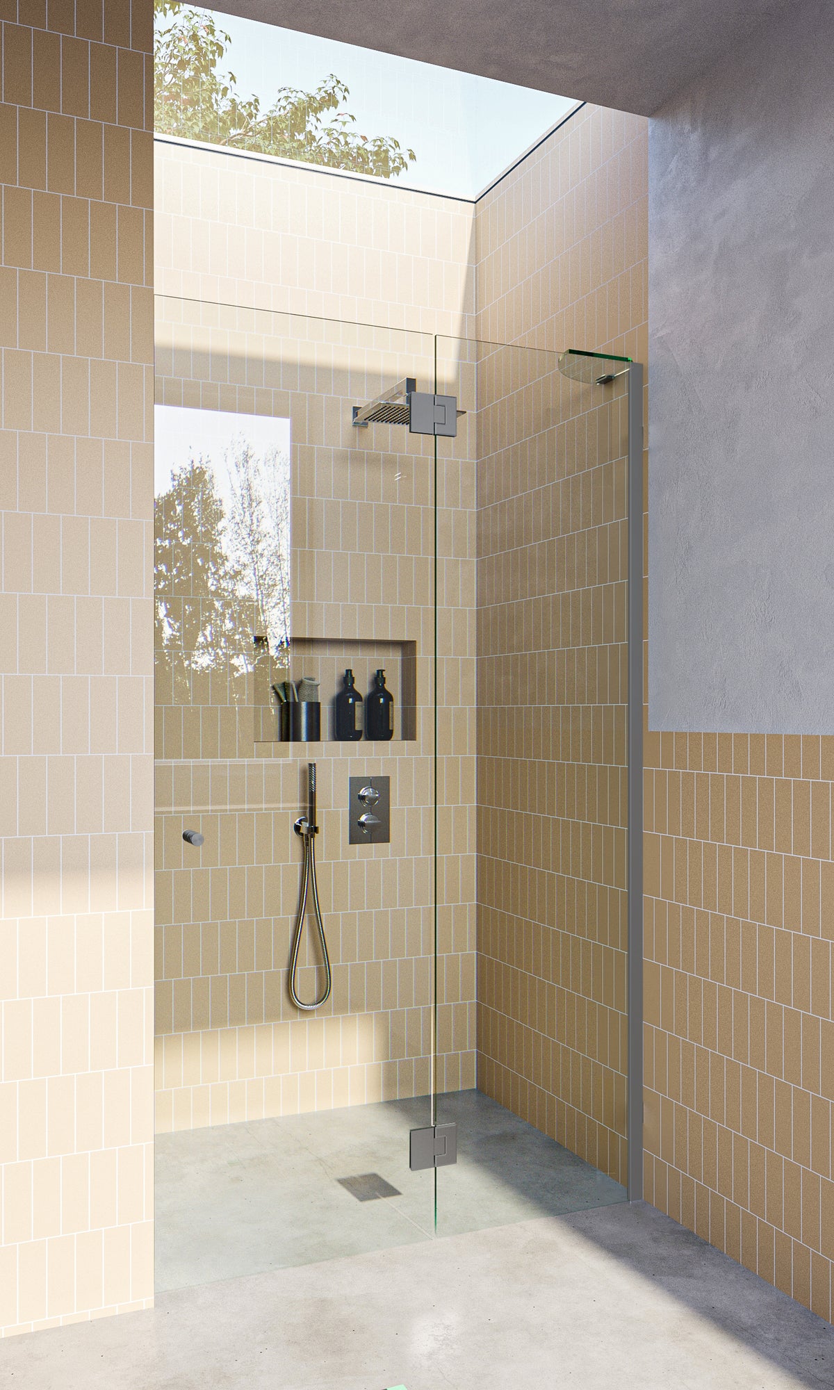 Satin Chrome Frameless Wall to Wall Shower Screen, with extended Dry Glaze U Channels, Door and Hinge Panel