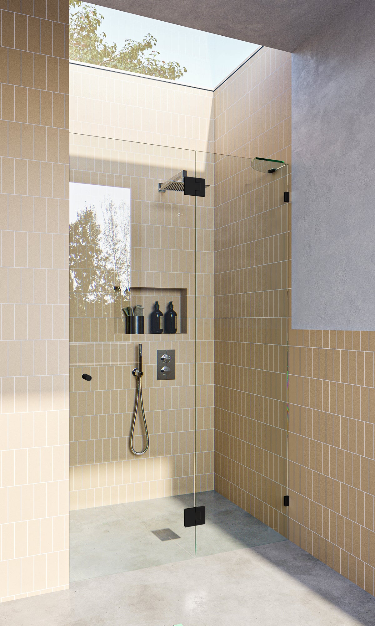 Matt Black Frameless Wall to Wall Shower Screen with Brackets, Door and Hinge Panel