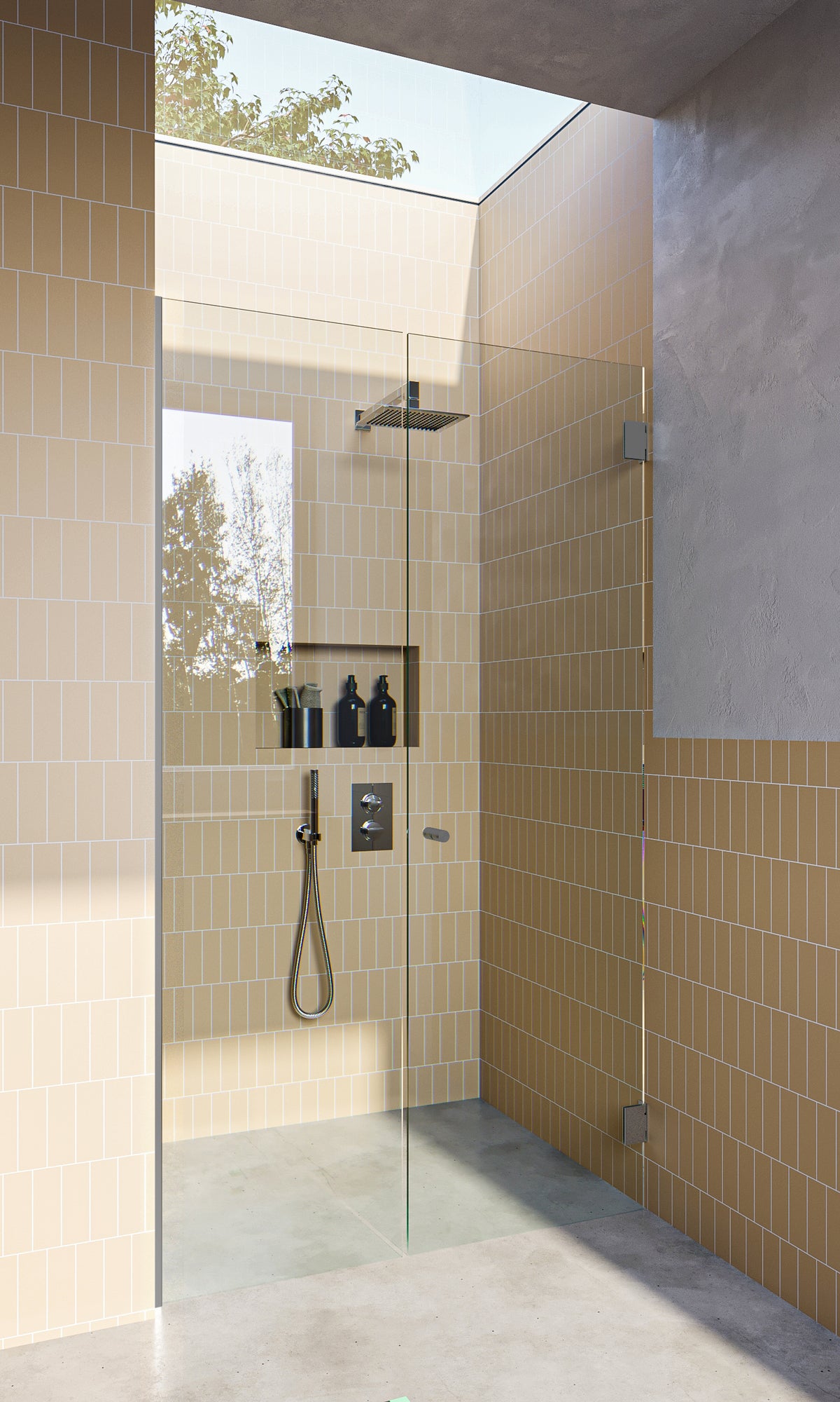 Satin Chrome Frameless Wall to Wall Shower Screen with Dry Glaze U Channels