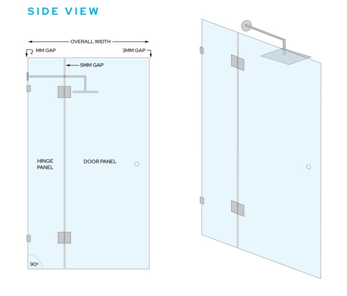 Frameless Glass Wall to Wall Shower Screen Door and Hinge Panel - 2000mm high, 10mm Toughened Glass - Brushed Antique Brass