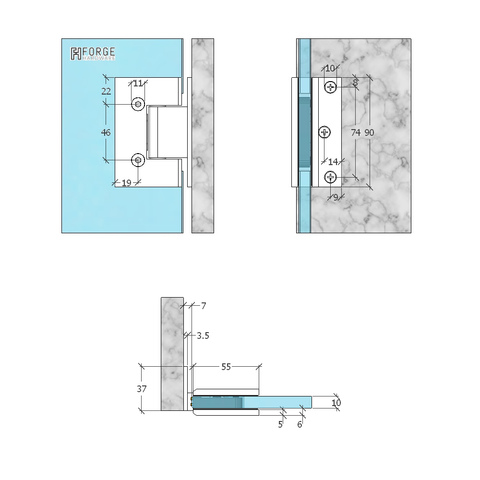 FORGE BLACK SHOWER HINGE GLASS TO WALL L-SHAPE 90 DEGREE 10mm Glass - BRUSHED BRONZE