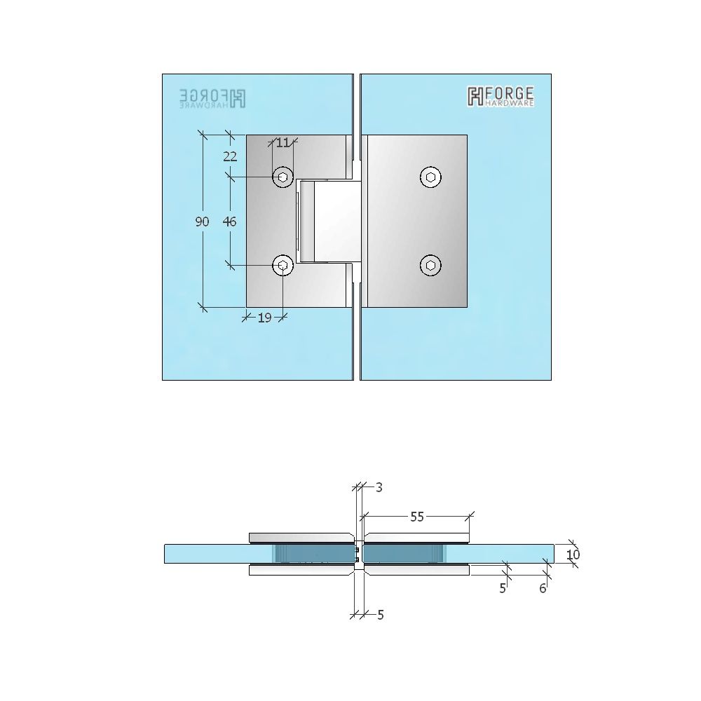 FORGE SHOWER HINGE GLASS TO GLASS 180 Degrees for 10mm Glass - BRUSHED BRONZE