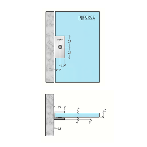 Frameless shower glass U BRACKET SQUARE for 10mm Glass - BRUSHED BRONZE