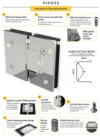 Brushed Nickel Frameless Wall to Wall Shower Screen with extended Dry Glaze U Channels, Door and Hinge Panel