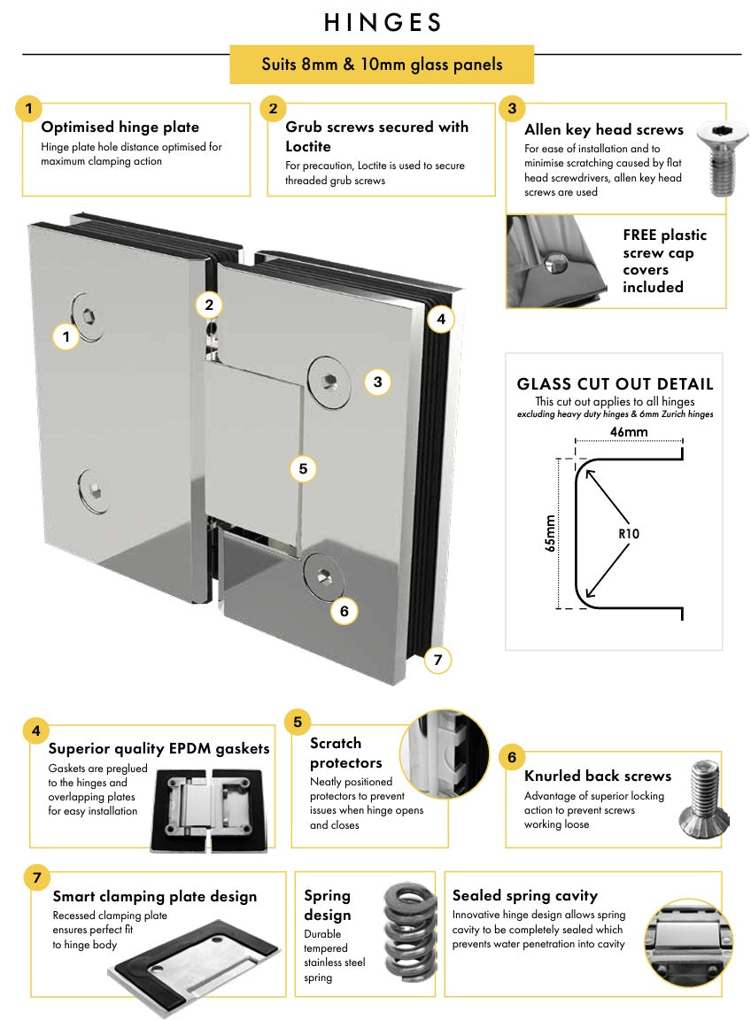 Brushed Brass / Satin Gold Frameless Wall to Wall Shower Screen with Extended Dry Glaze U Channels, Door and Hinge Panel