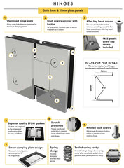 Brushed Brass / Satin Gold Frameless Wall to Wall Shower Screen with Extended Dry Glaze U Channels, Door and Hinge Panel