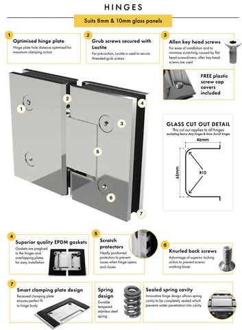 Satin Chrome Frameless Wall to Wall Shower Screen with brackets Door and Hinge Panel