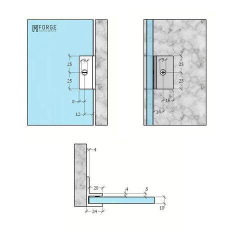 Frameless Shower Glass  U BRACKET - SQUARE WITH HORIZONTAL LEG - for 10mm Glass - BRUSHED GUNMETAL