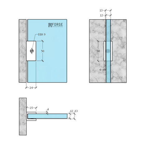 SHOWER SCREEN GLASS U BRACKET SQUARE 12MM GLASS - BRUSHED NICKEL