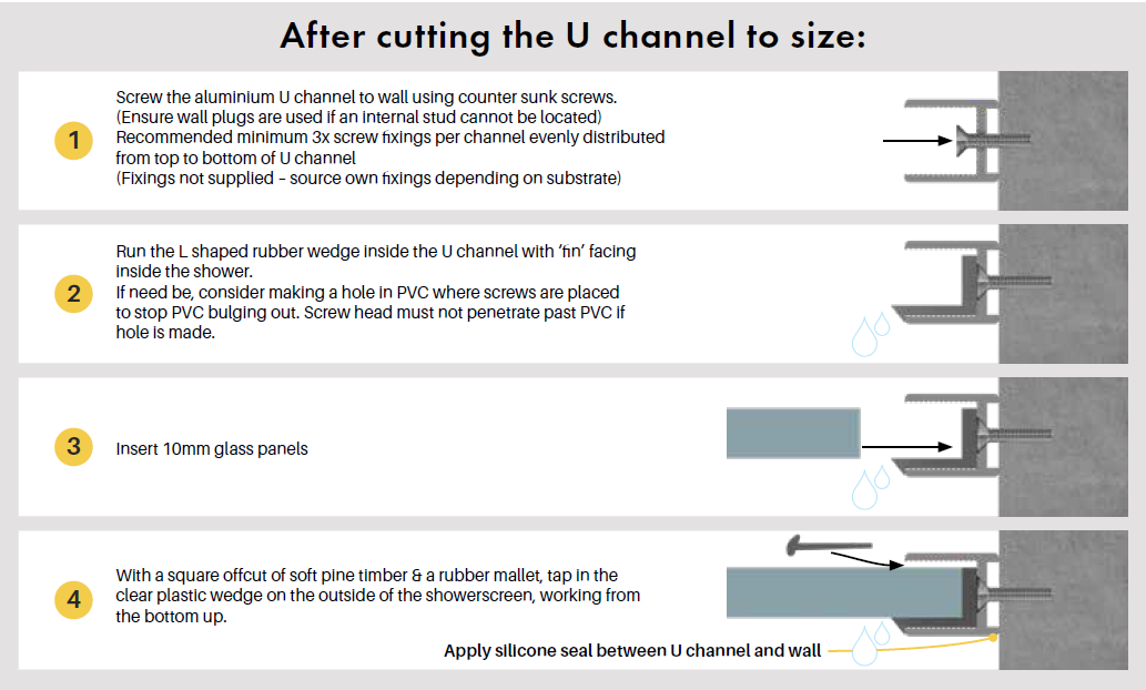 Chrome Frameless Wall to Wall Shower Screen with Dry Glaze U Channels, Door and Hinge Panel