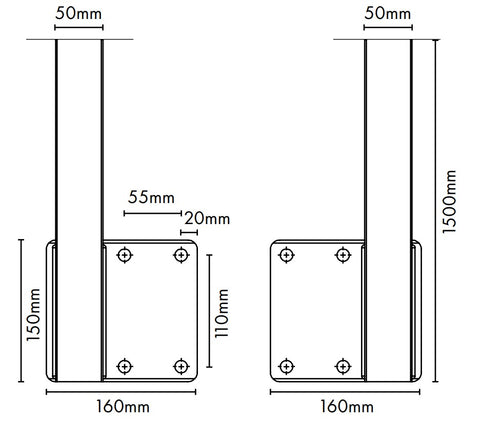 Heavy Duty Face Mount Post - 1 Left & 1 Right - 1500mm Height