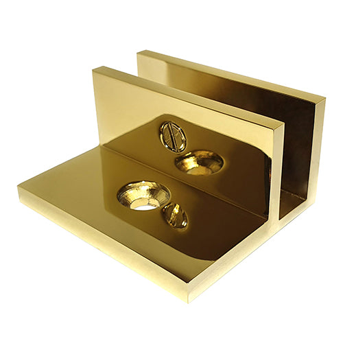 Perth Series - Frameless Shower Screen Wall Bracket with leg, Square No Drill Clamp for 10 mm Glass - Polished Brass