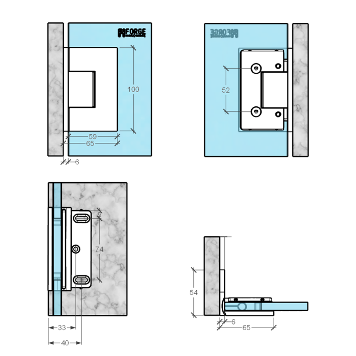 Forge Frameless Shower Hinge Heavy Duty Adjustable Glass to Wall L-Shape 90 Degrees - Brushed Nickel