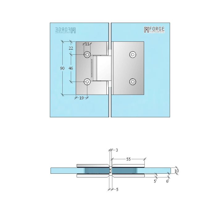 FORGE Frameless Shower Hinge Glass to Glass 180 Degrees - Antique Brass