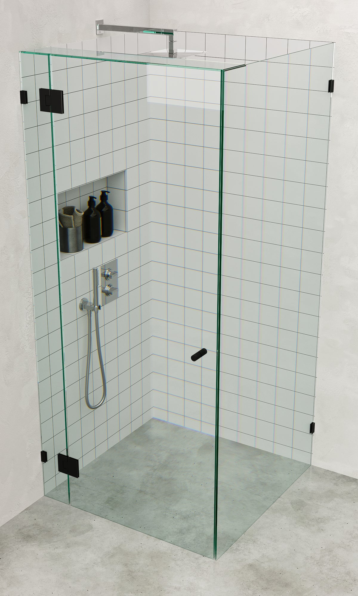 Matt Black Frameless Corner Shower Screen with wall brackets