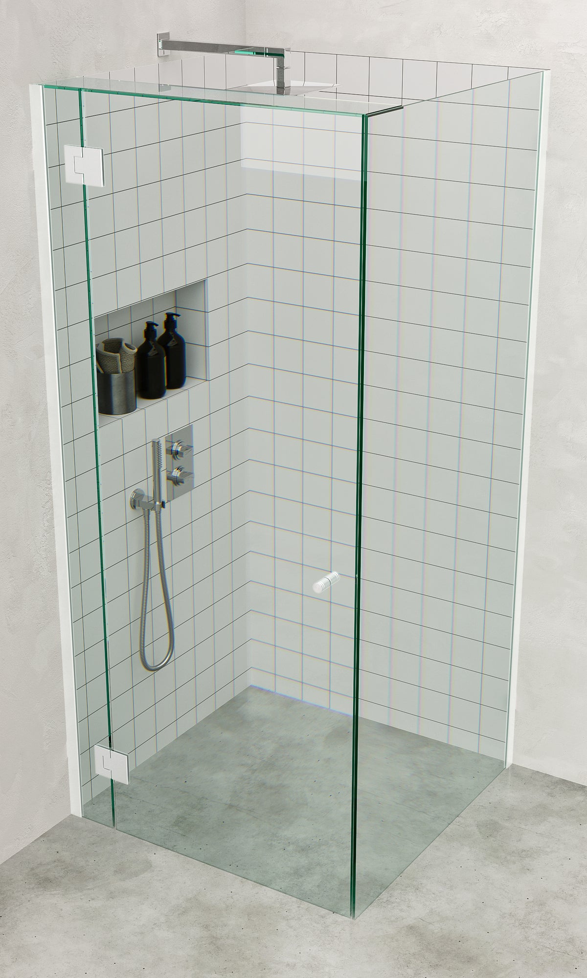 Matt White Frameless Corner Shower Screen with extended Dry Glaze U Channels