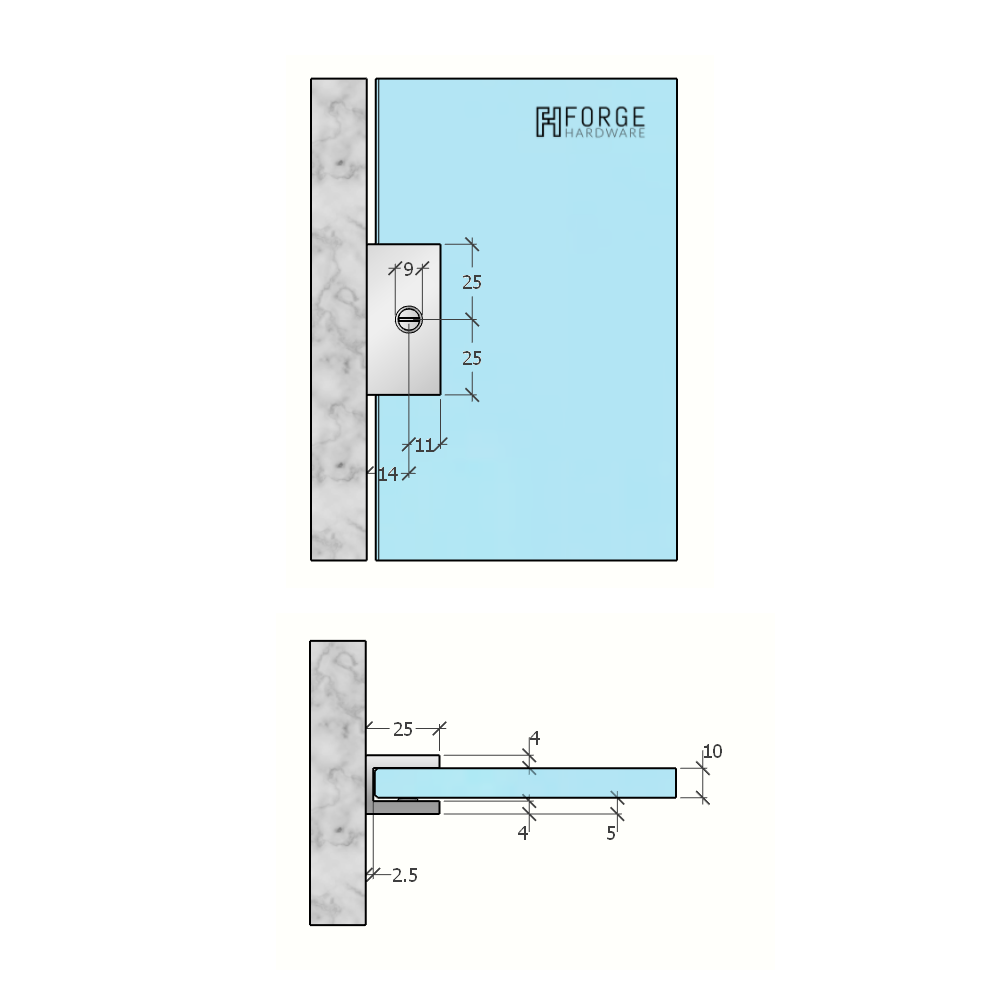 Frameless Shower Screen U Bracket Square - Antique Brass