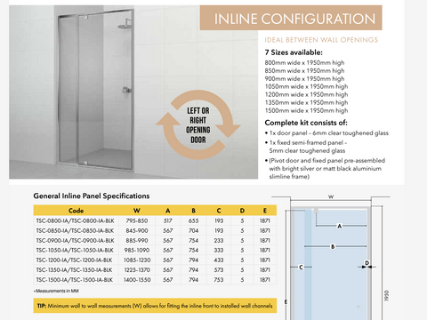 Adjustable  Semi-Frameless Shower Screen - 6 mm glass - Choice of sizes.