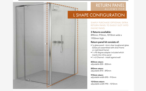 Adjustable  Semi-Frameless Shower Screen - 6 mm glass - Choice of sizes.