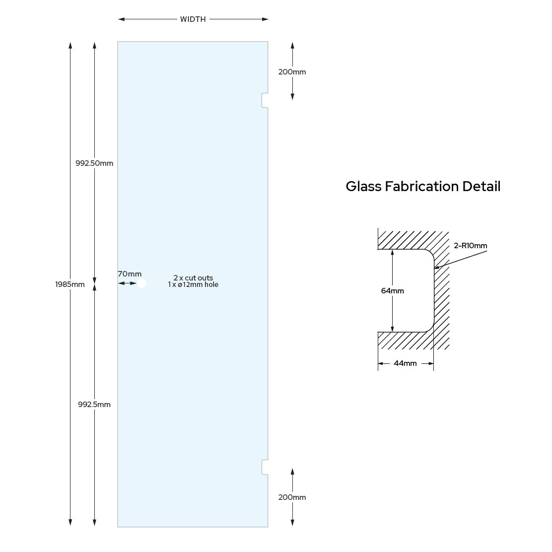 Frameless Shower Door Panel - 1985mm high, 10mm Toughened Glass