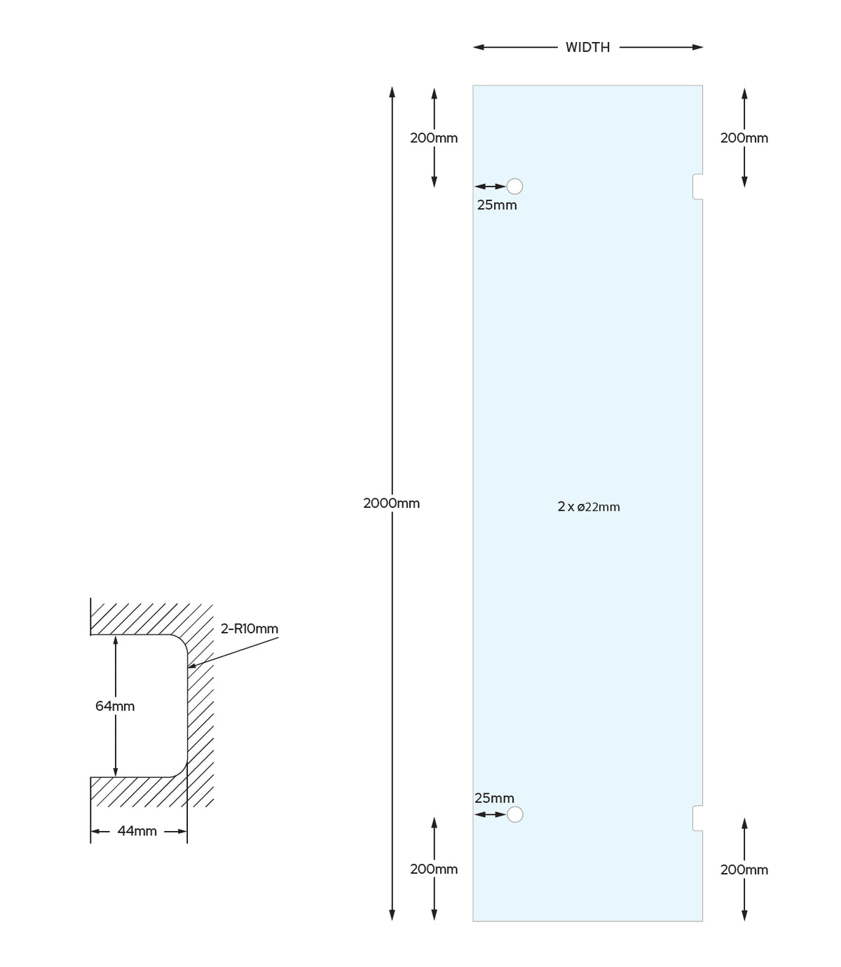 Frameless Shower Hinge Panel - 2000mm high, 10mm Toughened Glass