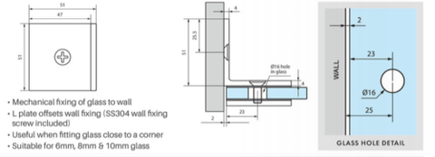 90 Degree Glass to Wall  Brackets for Frameless Shower Screens - SOLID BRASS - Brushed Brass / Satin Gold