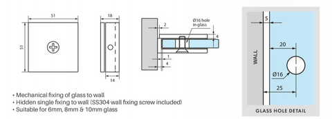 Wall Brackets for Frameless Glass Shower Screens, Suits 6mm, 8mm, 10mm - Matt Black