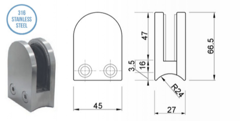 Balustrade Pool Fence Glass Clamp Round Back 316 Stainless Steel, 8 & 10 & 12mm