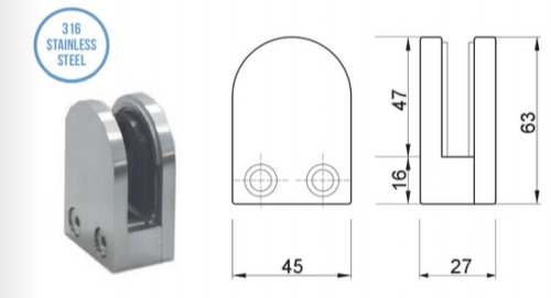 Balustrade Pool Fence Glass Clamp Flat Back 316 Stainless Steel, 8 & 10 & 12mm