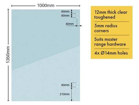 12mm pool fence hinge panel, 1350 x 1000mm   Hinge panel to suit Master Range hardware and channel glazing