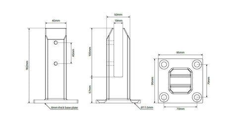 Pool Fence Spigot Madrid, Base plated square spigot FRICTION FIT, Stainless steel 2205 with domical cover.