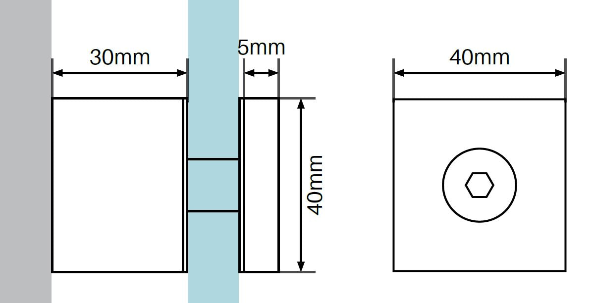 40mm square cap x 30mm body standoff SS316, Square standoff for glass fixing, 316 Stainless Steel