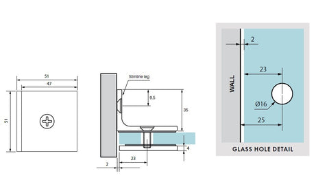 Square slimline offset wall bracket for frameless glass shower screens - Brushed Brass / Satin Gold