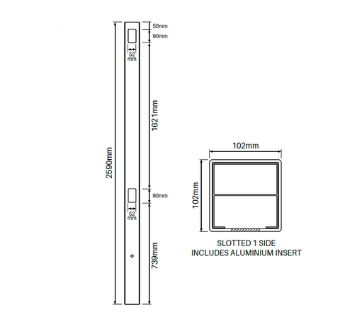 102mm x 102mm 1 way gate post – Vertical Paling 2590mm Long, picket fence, 7 Year Warranty