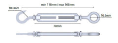 Hook to eye turnbuckle M5 Stainless Steel 316 with locking nut
