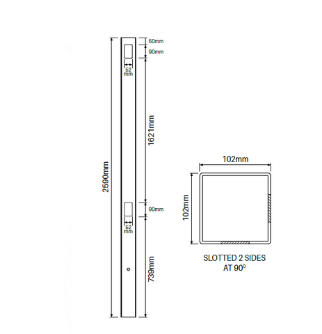 102mm x 102mm 90° post – Vertical Paling 2590mm Long, picket fence, 7 Year Warranty