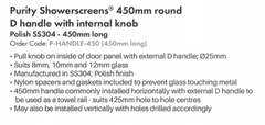 "D" shower door handle stainless steel, D HANDLE 450mm long, towel rail shower