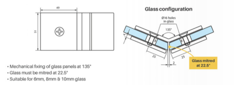 135 degree Glass to Glass Brackets for Frameless Glass Shower Screens - SOLID BRASS - Matt Black