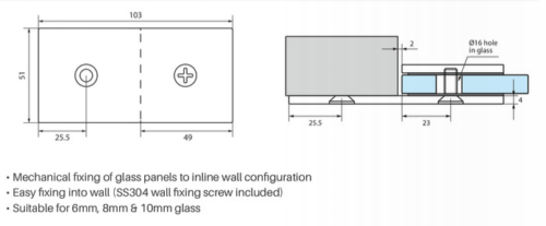 Wall Brackets for Frameless Glass Shower Screens, SOLID BRASS, Suits 6mm, 8mm, 10mm - Matt Black