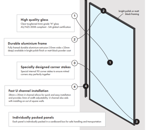 Framed Walk in Shower Screen, 3 width options. Shower Panel, Chrome Frame