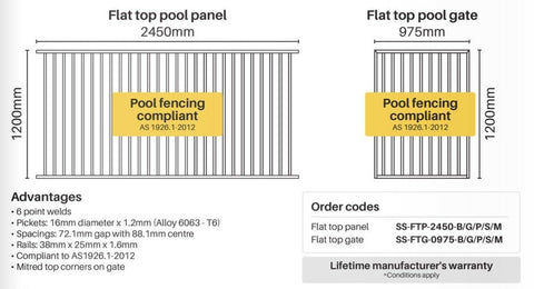 Aluminium tubular pool gate flat top, certified, 1200 x 975mm, choose colour